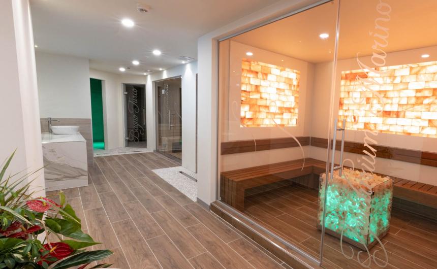 Elegante spa con sauna luminosa, piante rigogliose, atmosfera rilassante e accogliente.